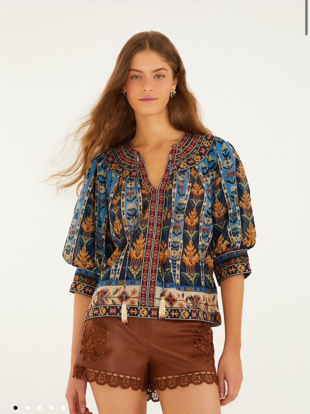 Farm Rio Blue Embroidered Tapestry Tassels Puff Sleeve Blouse
